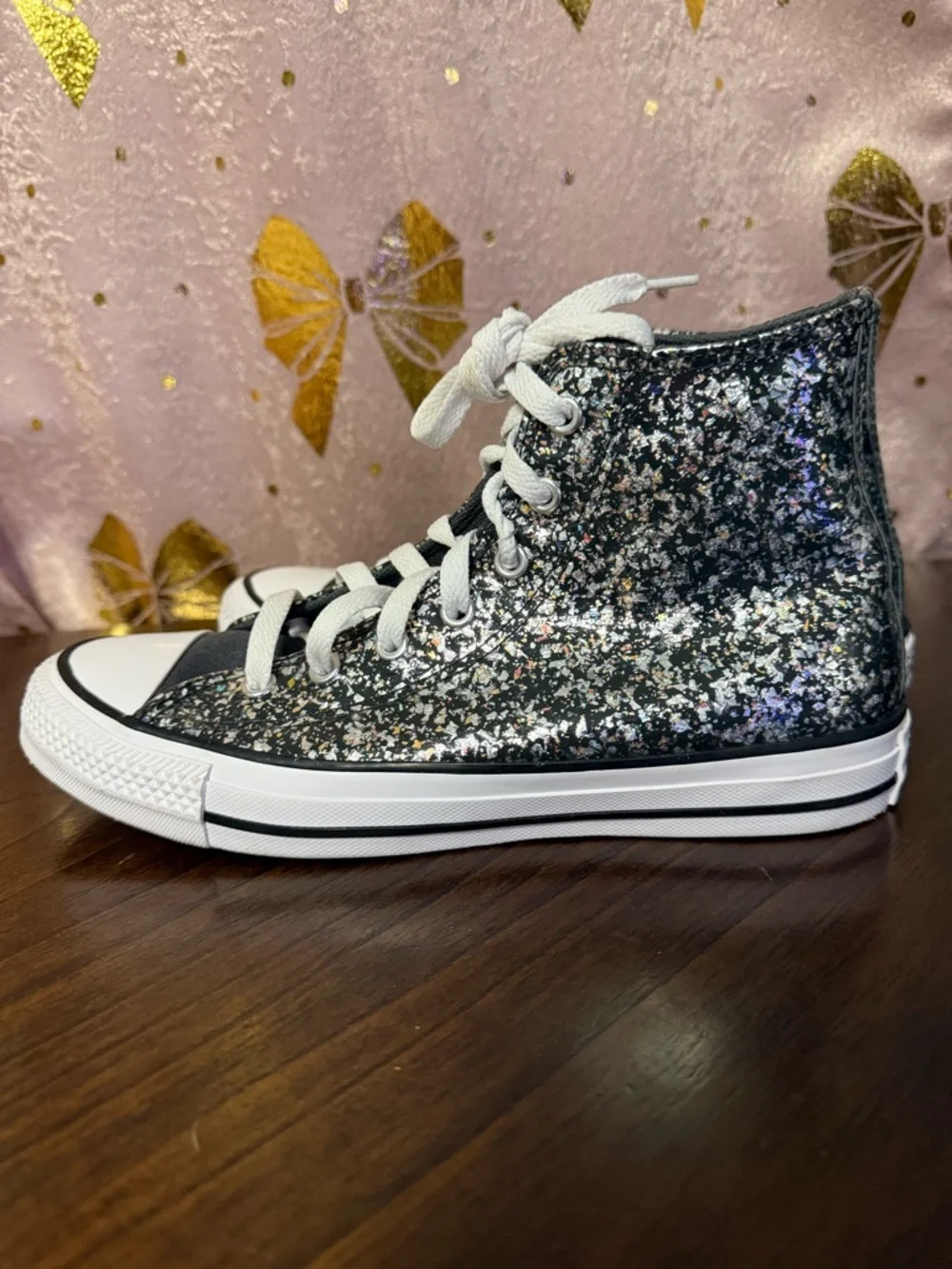 Converse big Kids' Glitter High-Top Sneakers - Black with Silver Sparkle size 5